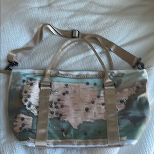 Map Print Tote Bag with Beige Straps
